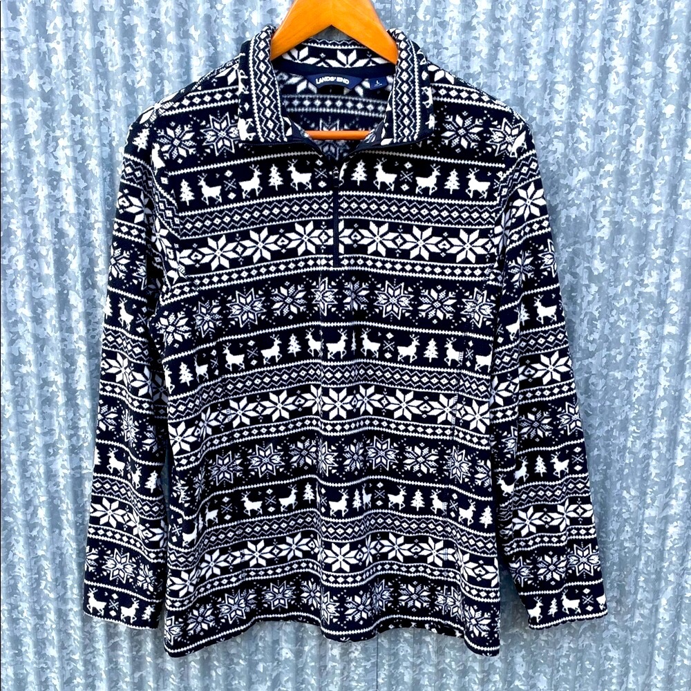 Lands' End Black and White Festive Winter Print Fleece Pullover